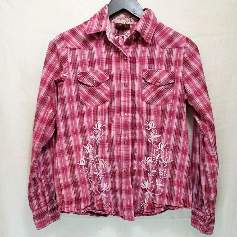 LifeStyle Pink Plaid Embroidered Western Snap Shirt Women's Size S Long Sleeve